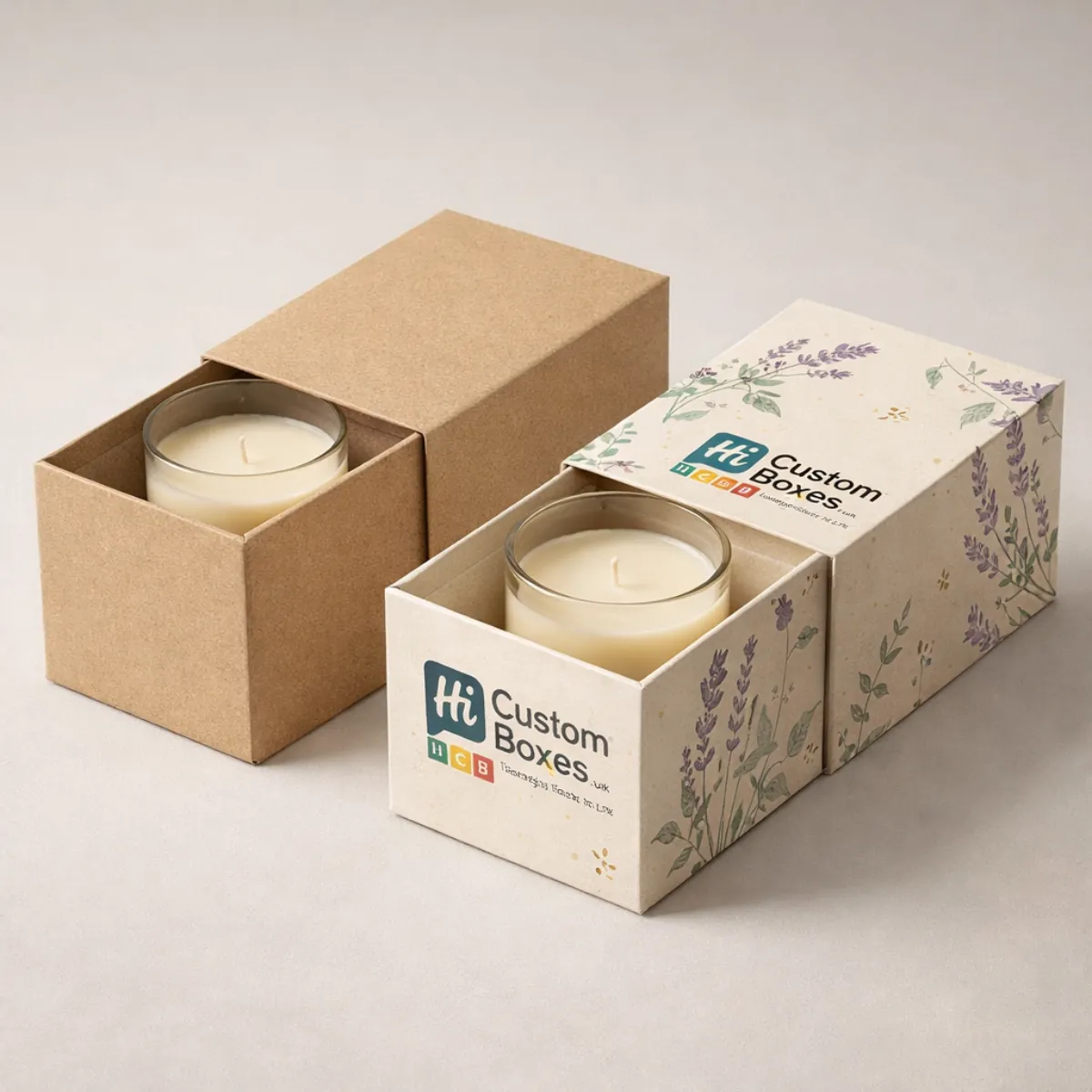 Two luxury drawer-style slide boxes, one natural kraft and one decorated with purple lavender illustrations. class=